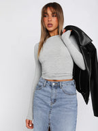 Fitted Long Sleeve Crew Neck Crop Top For Women - Y2K Slim Fit Stretchy Soft Basic Tee - Spring Streetwear 2026