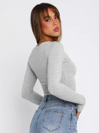 Fitted Long Sleeve Crew Neck Crop Top For Women - Y2K Slim Fit Stretchy Soft Basic Tee - Spring Streetwear 2026