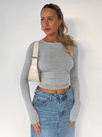 Fitted Long Sleeve Crew Neck Crop Top For Women - Y2K Slim Fit Stretchy Soft Basic Tee - Spring Streetwear 2026