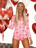 Lips Print Romper Pajamas For Women - Sexy V Neck Long Sleeve Button Front Bodycon Onesie Sleepwear - Valentine's Day 2026