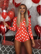 Lips Print Romper Pajamas For Women - Sexy V Neck Long Sleeve Button Front Bodycon Onesie Sleepwear - Valentine's Day 2026