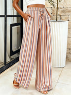 Boho Striped Wide Leg Pants For Women - Vertical Print High Waisted Drawstring Palazzo Trousers - Summer Beach Resort 2026