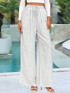 Boho Striped Wide Leg Pants For Women - Vertical Print High Waisted Drawstring Palazzo Trousers - Summer Beach Resort 2026