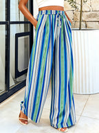 Boho Striped Wide Leg Pants For Women - Vertical Print High Waisted Drawstring Palazzo Trousers - Summer Beach Resort 2026