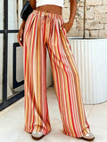 Boho Striped Wide Leg Pants For Women - Vertical Print High Waisted Drawstring Palazzo Trousers - Summer Beach Resort 2026