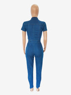 Short Sleeve Denim Jumpsuit For Women - Blue Casual Zip Up Belted Skinny Fit Jean Romper - All Season Daily Clubwear 2026
