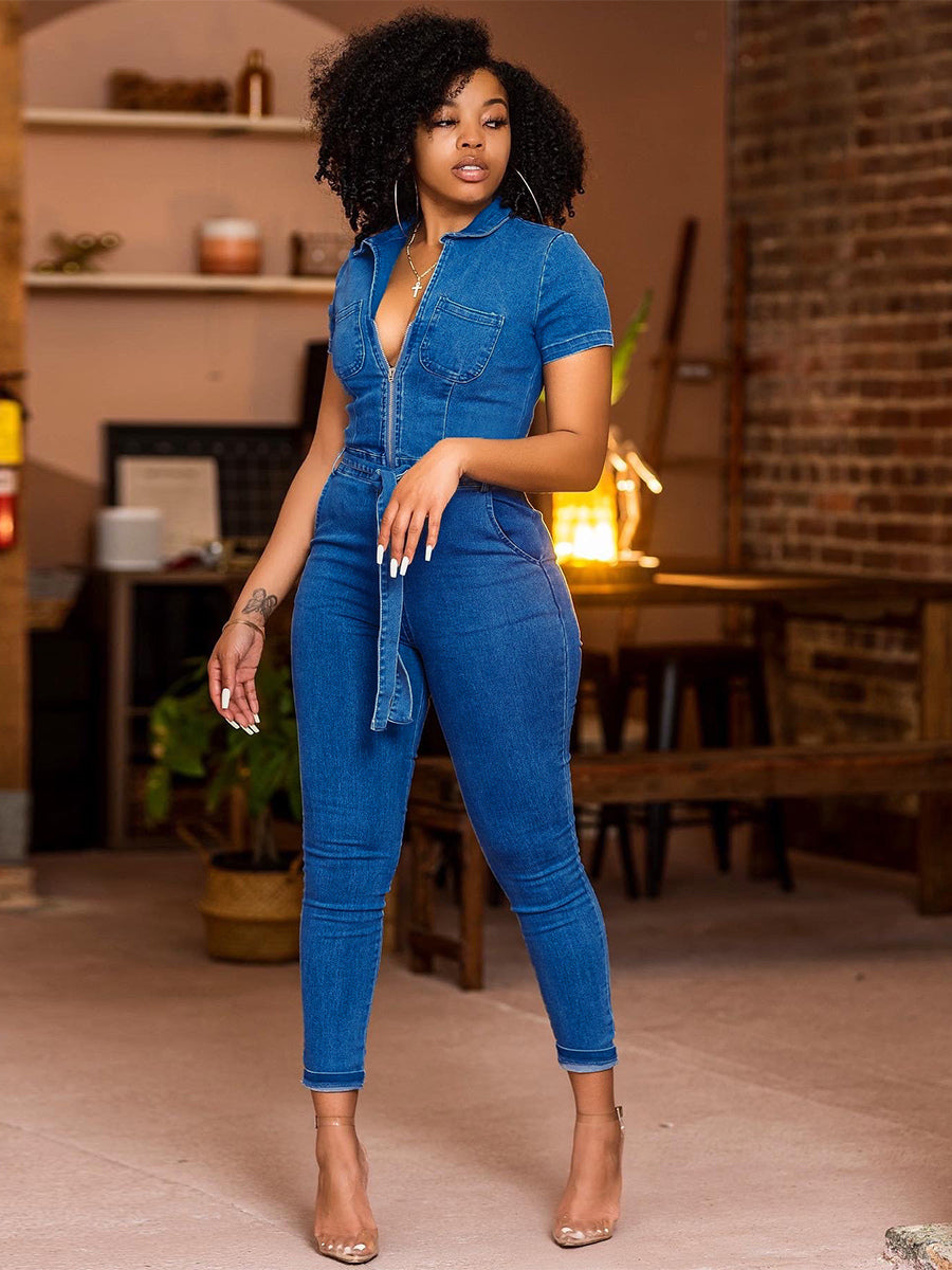 Short Sleeve Denim Jumpsuit For Women - Blue Casual Zip Up Belted Skinny Fit Jean Romper - All Season Daily Clubwear 2026