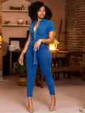 Short Sleeve Denim Jumpsuit For Women - Blue Casual Zip Up Belted Skinny Fit Jean Romper - All Season Daily Clubwear 2026