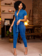 Short Sleeve Denim Jumpsuit For Women - Blue Casual Zip Up Belted Skinny Fit Jean Romper - All Season Daily Clubwear 2026