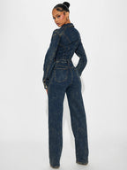 Long Sleeve Denim Jumpsuit For Women - Dark Wash Vintage Button Up Wide Leg Bodycon Playsuit - Spring Streetwear 2026