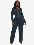 Long Sleeve Denim Jumpsuit For Women - Dark Wash Vintage Button Up Wide Leg Bodycon Playsuit - Spring Streetwear 2026