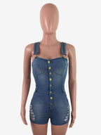 Slim Fit Denim Romper For Women - Blue Sexy Button Up Distressed Ripped Jean Jumpsuit Shorts - Summer Outdoor Party 2026