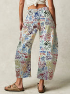 Graffiti Print Barrel Jeans For Women - Boho Horseshoe Cut Wide Leg Denim Trousers - Spring Picnic Outfit 2026