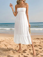 2-in-1 Beach Cover Up Dress For Women - White Smocked Maxi Skirt Side Slit Flowy Sundress - Summer Beach Vacation 2026