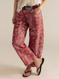Paisley Print Barrel Jeans For Women - Pink Boho Horseshoe Cut Wide Leg Denim Pants - Spring Music Festival 2026