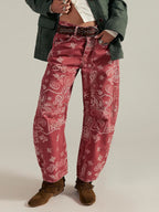 Paisley Print Barrel Jeans For Women - Pink Boho Horseshoe Cut Wide Leg Denim Pants - Spring Music Festival 2026