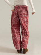 Paisley Print Barrel Jeans For Women - Pink Boho Horseshoe Cut Wide Leg Denim Pants - Spring Music Festival 2026