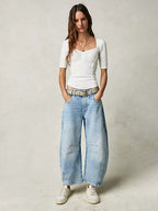Horseshoe Barrel Jeans For Women - Baggy Wide Leg Washed Denim Trousers With Curved Seam - Spring Streetwear 2026