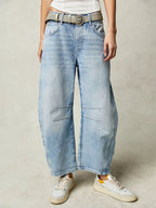 Horseshoe Barrel Jeans For Women - Baggy Wide Leg Washed Denim Trousers With Curved Seam - Spring Streetwear 2026