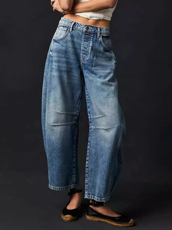 Horseshoe Barrel Jeans For Women - Baggy Wide Leg Washed Denim Trousers With Curved Seam - Spring Streetwear 2026