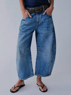 Horseshoe Barrel Jeans For Women - Baggy Wide Leg Washed Denim Trousers With Curved Seam - Spring Streetwear 2026