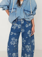 Floral Barrel Leg Jeans For Women - Boho Horseshoe Cut Wide Leg Denim Pants - Spring Music Festival 2026