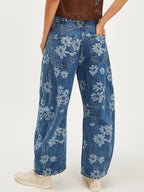 Floral Barrel Leg Jeans For Women - Boho Horseshoe Cut Wide Leg Denim Pants - Spring Music Festival 2026