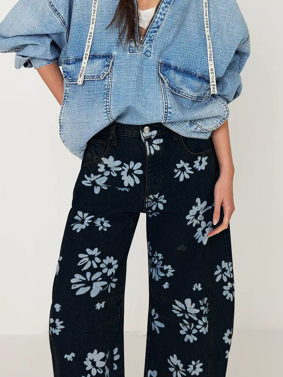 Floral Barrel Leg Jeans For Women - Boho Horseshoe Cut Wide Leg Denim Pants - Spring Music Festival 2026