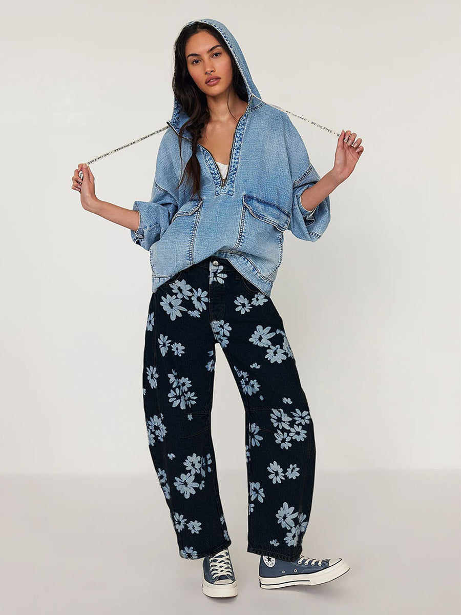 Floral Barrel Leg Jeans For Women - Boho Horseshoe Cut Wide Leg Denim Pants - Spring Music Festival 2026