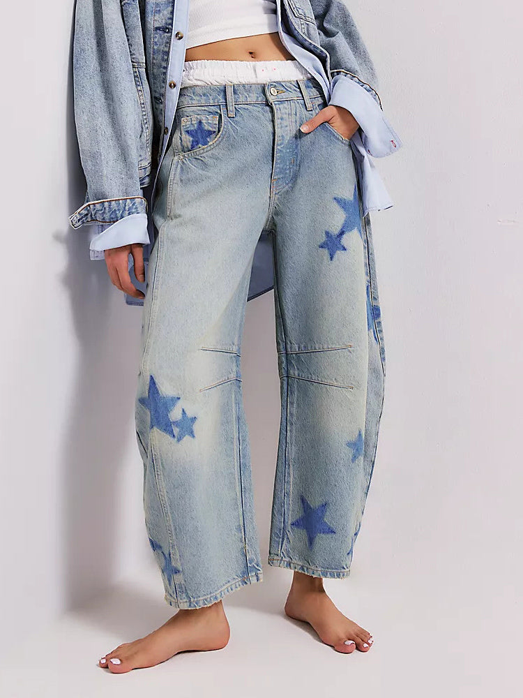 Star Print Barrel Jeans For Women - Light Wash Boho Horseshoe Baggy Denim Trousers - Spring Music Festival 2026