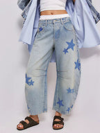 Star Print Barrel Jeans For Women - Light Wash Boho Horseshoe Baggy Denim Trousers - Spring Music Festival 2026
