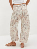 Cat Print Barrel Jeans For Women - Neutral Beige Retro Horseshoe Wide Leg Denim Trousers - Spring Casual Streetwear 2026