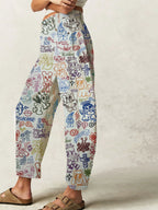 Graffiti Print Barrel Jeans For Women - Boho Horseshoe Cut Wide Leg Denim Trousers - Spring Picnic Outfit 2026