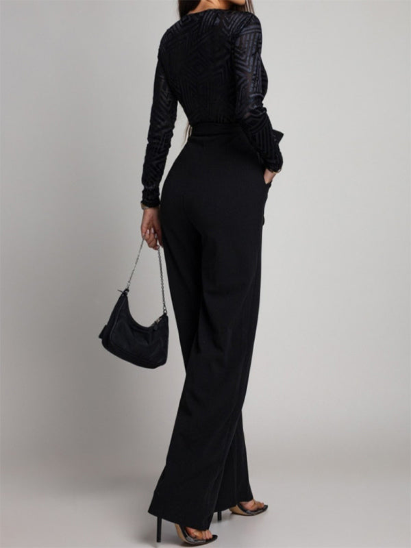 Elegant Wide Leg Jumpsuit For Women - Black Geometric V Neck Long Sleeve Belted Romper - Spring Evening Party 2026
