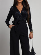 Elegant Wide Leg Jumpsuit For Women - Black Geometric V Neck Long Sleeve Belted Romper - Spring Evening Party 2026