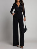 Elegant Wide Leg Jumpsuit For Women - Black Geometric V Neck Long Sleeve Belted Romper - Spring Evening Party 2026