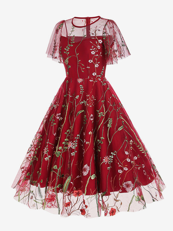 Vintage 1950s Floral Midi Dress For Women - Embroidery Mesh Short Flutter Sleeve A-Line Prom Dress - Summer Wedding Guest 2026