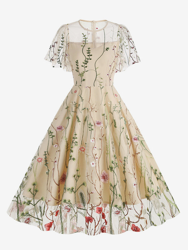 Vintage 1950s Floral Midi Dress For Women - Embroidery Mesh Short Flutter Sleeve A-Line Prom Dress - Summer Wedding Guest 2026