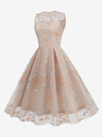 Vintage 1950s Floral Midi Dress For Women - Embroidery Mesh Illusion Neck A-Line Swing Prom Dress - Summer Cocktail 2026
