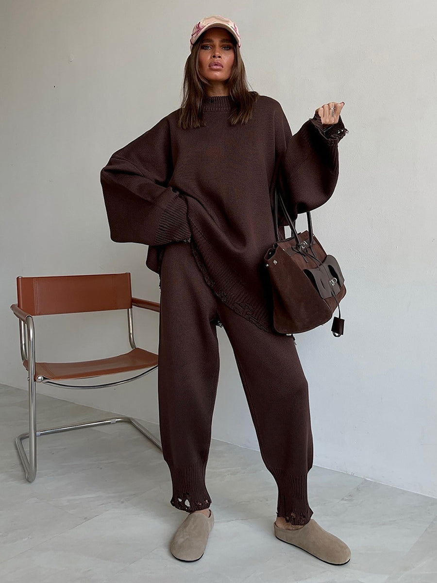 Oversized Knit 2 Piece Set For Women - Casual Distressed Sweater And Trousers - Spring Cozy Lounge Suit 2026