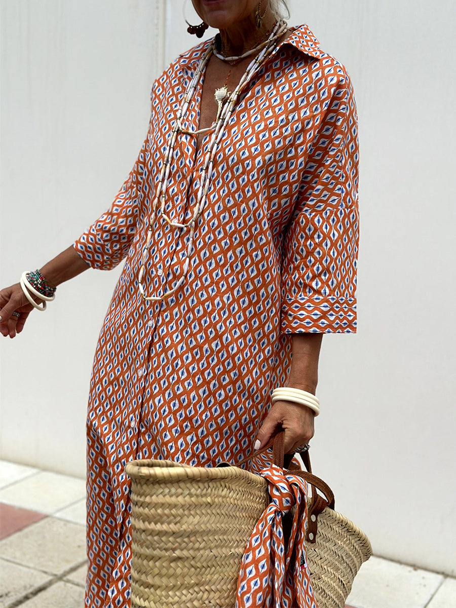 Printed Shirt Dress For Women - Casual Collared Button Down Tie Waist Midi Kaftan - Summer Beach Resort 2026