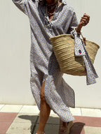 Printed Shirt Dress For Women - Casual Collared Button Down Tie Waist Midi Kaftan - Summer Beach Resort 2026