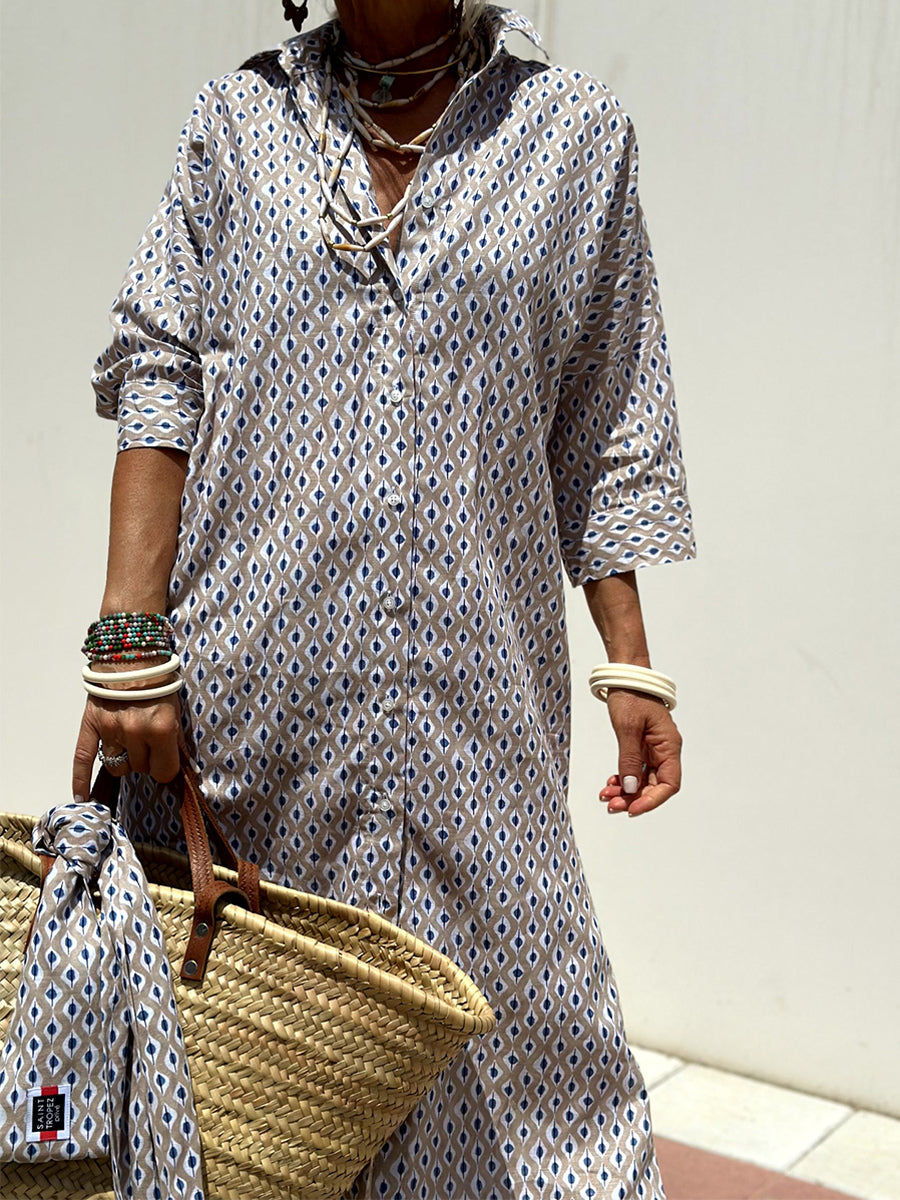 Printed Shirt Dress For Women - Casual Collared Button Down Tie Waist Midi Kaftan - Summer Beach Resort 2026