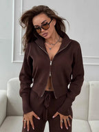 Two Way Zip Knit Lounge Set For Women - Chic Mock Neck Cardigan And Wide Leg Pants - Spring Casual Streetwear 2026