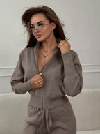 Two Way Zip Knit Lounge Set For Women - Chic Mock Neck Cardigan And Wide Leg Pants - Spring Casual Streetwear 2026