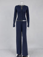 Ribbed Knit 2 Piece Set For Women - Slim Fit Button Up Cardigan And Wide Leg Lounge Pants - Spring Home Casual 2026