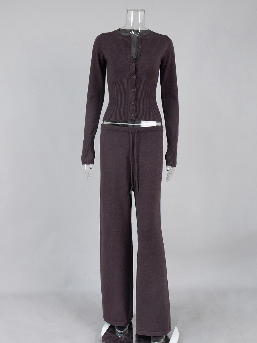Ribbed Knit 2 Piece Set For Women - Slim Fit Button Up Cardigan And Wide Leg Lounge Pants - Spring Home Casual 2026