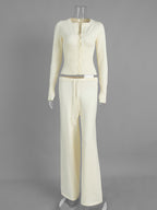 Ribbed Knit 2 Piece Set For Women - Slim Fit Button Up Cardigan And Wide Leg Lounge Pants - Spring Home Casual 2026