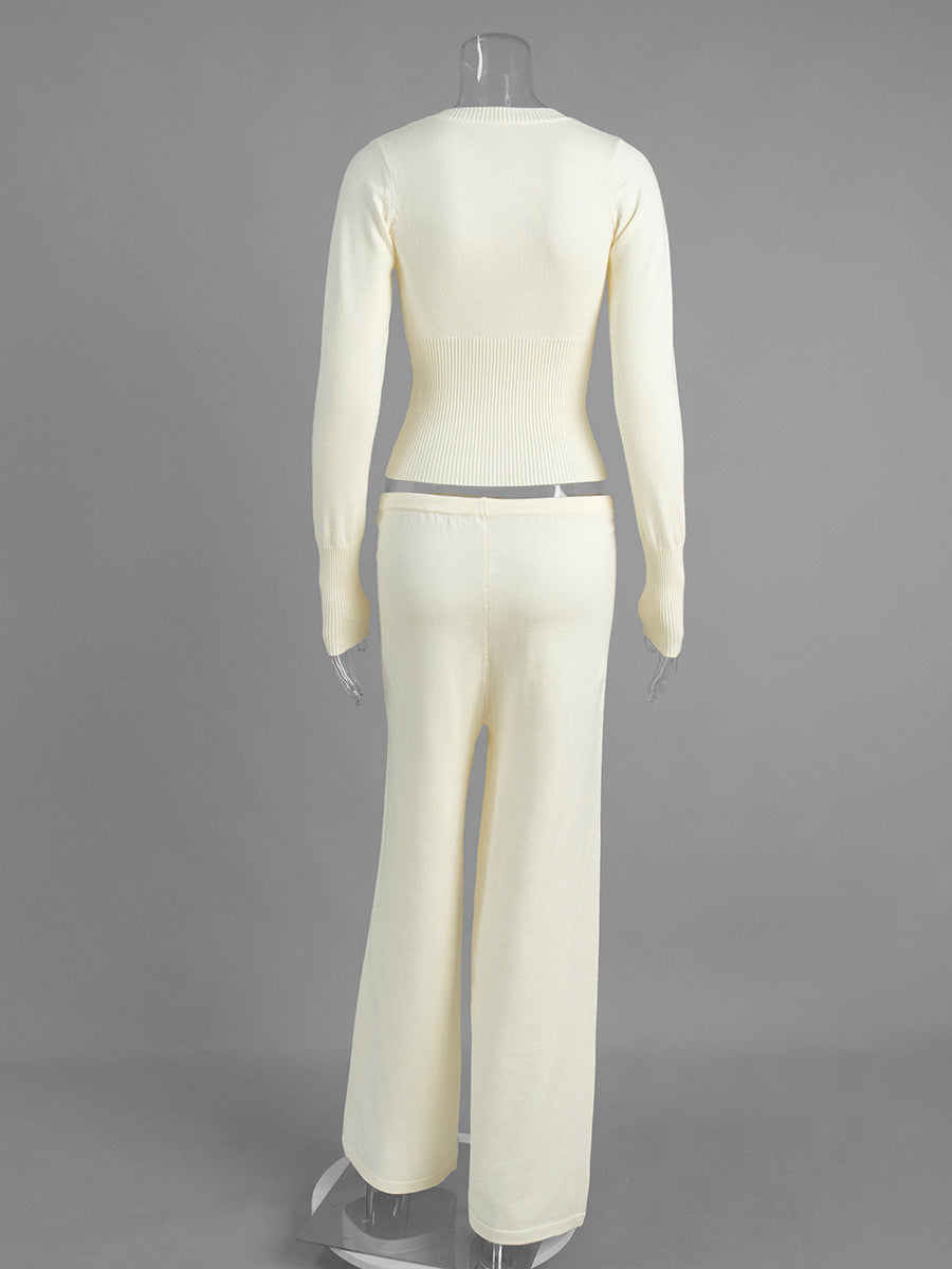 Ribbed Knit 2 Piece Set For Women - Slim Fit Button Up Cardigan And Wide Leg Lounge Pants - Spring Home Casual 2026