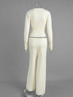 Ribbed Knit 2 Piece Set For Women - Slim Fit Button Up Cardigan And Wide Leg Lounge Pants - Spring Home Casual 2026